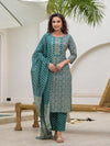 Embroidered Printed Teal Green Cotton Kurta Set With Duptta (Pure Cotton)